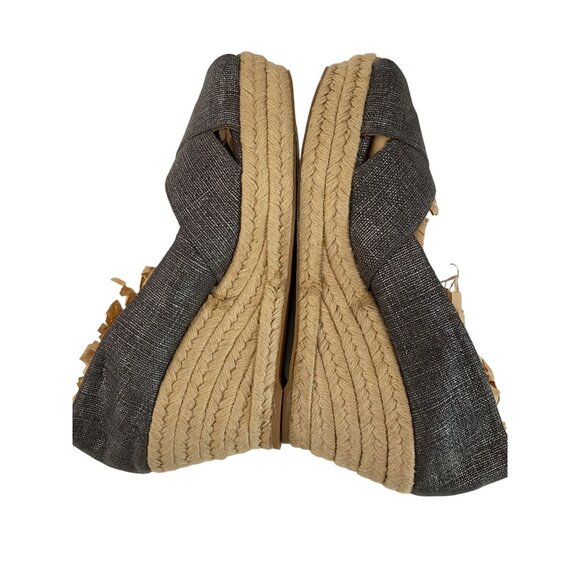 Tory Burch 11B Pewter Metallic Espadrille Wedge Heels Spain EUC 7968 Linen Peep - Picture 7 of 11